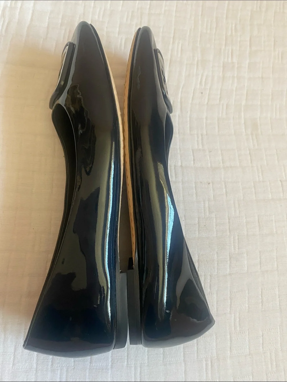 TORY BURCH  Dark Blue Patent Leather Logo Square-Toe Ballet Flats